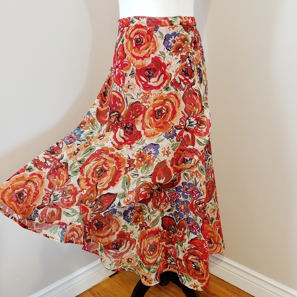 VINTAGE FLORAL RUFFLED CHIFFON SKIRT long - Picture 5 of 11